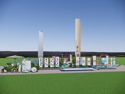 Outdoor Exhibition Setup With Tall Pillars Display Boards Green Lawn And Mountain Background 3d model
