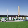 Outdoor Exhibition Setup With Tall Pillars Display Boards Green Lawn And Mountain Background