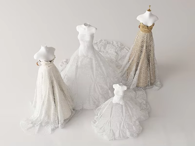 Elegant White and Gold Wedding Dresses with Lace Details on Mannequin 3d model