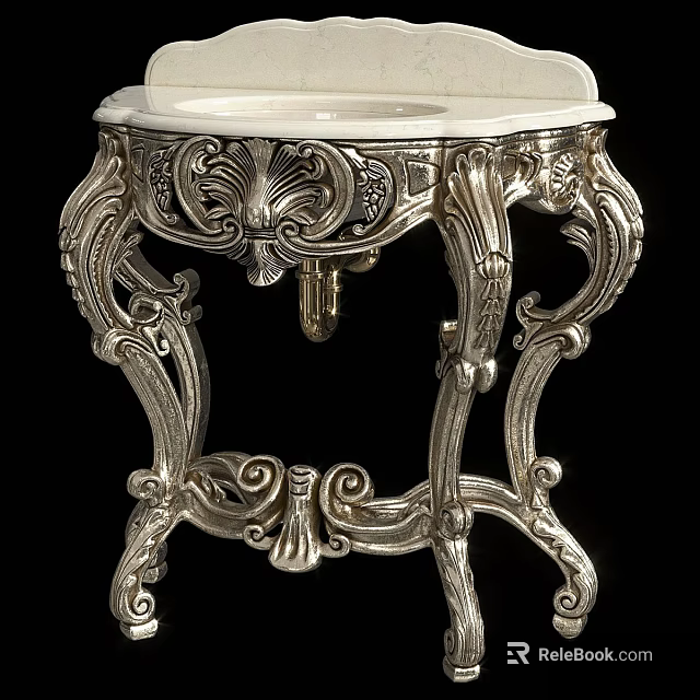 Ornate Silver Carved Washstand With Intricate Pedestal Design And White Basin Top 3d model 