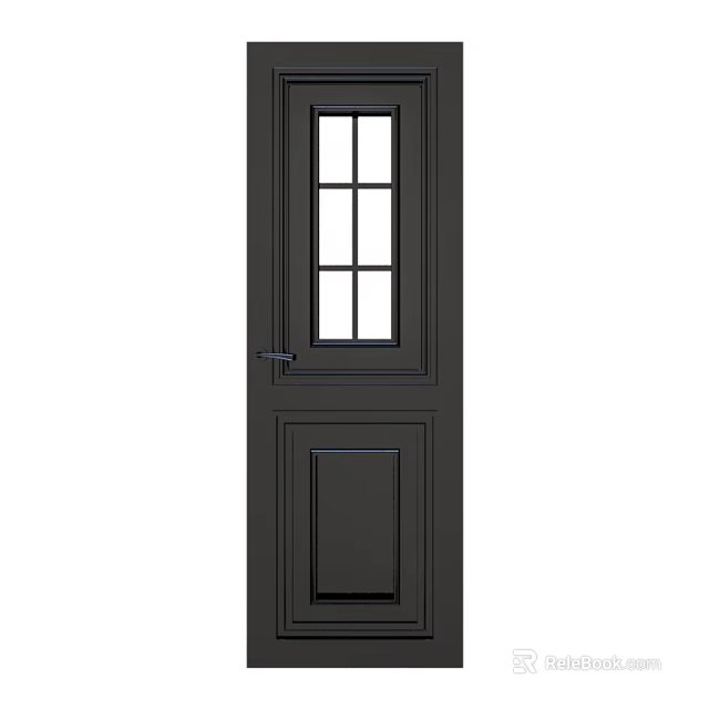 Black Hinged Door with Glass Window Panes Rectangular Panel and Metal Handle 3d model
