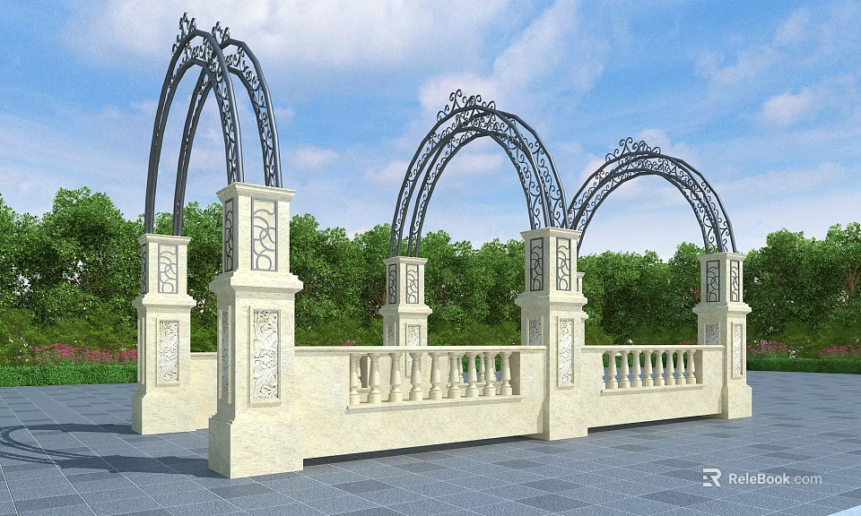 Ornate Pergola Structure With Stone Columns Wrought Iron Arches Detailed Railings And Green Trees 3d model 