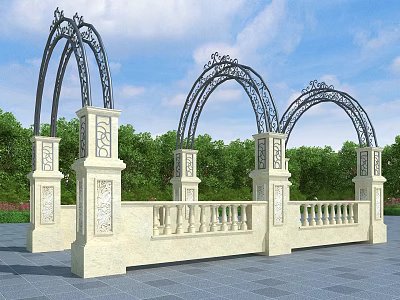 Ornate Pergola Structure With Stone Columns Wrought Iron Arches Detailed Railings And Green Trees 3d model