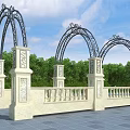 Ornate Pergola Structure With Stone Columns Wrought Iron Arches Detailed Railings And Green Trees
