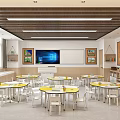 School Classroom With Round Tables Chairs Multimedia Screen And Decorative Paintings