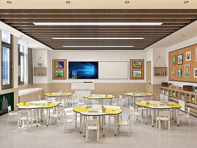 School Classroom With Round Tables Chairs Multimedia Screen And Decorative Paintings 3d model