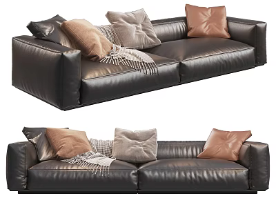 Modern Black Leather Two Seater Sofa With Colorful Throw Pillows And Blanket 3d model