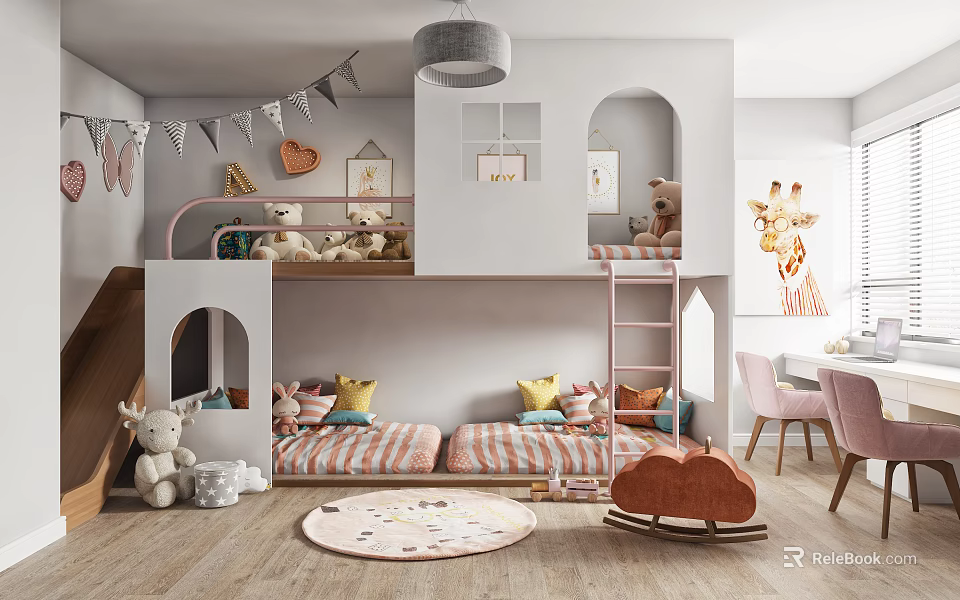 Kids Room Interior With Bunk Bed Slide Stuffed Toys Bunting Flags And Giraffe Art 3d model 