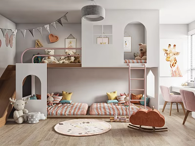Kids Room Interior With Bunk Bed Slide Stuffed Toys Bunting Flags And Giraffe Art 3d model