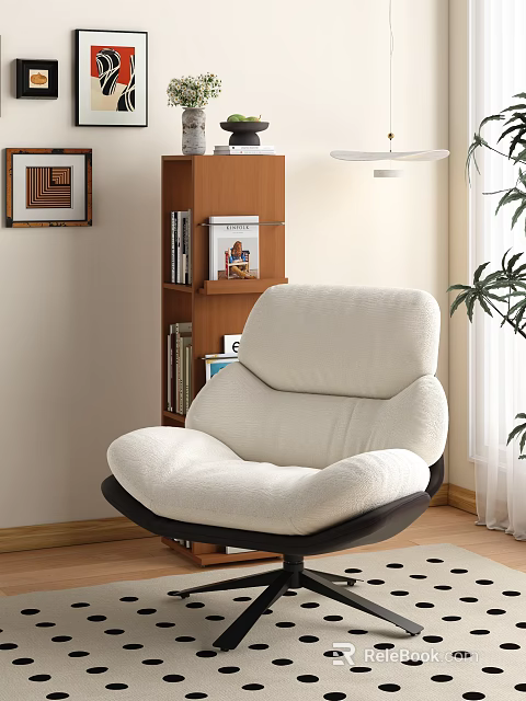 Plush White Lounge Chair With Wooden Shelf Wall Art And Green Plant 3d model 