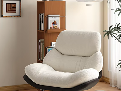 Plush White Lounge Chair With Wooden Shelf Wall Art And Green Plant 3d model