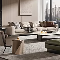 Modern Living Room Interior Design With Large Windows City View Sofa Coffee Table And Ottomans