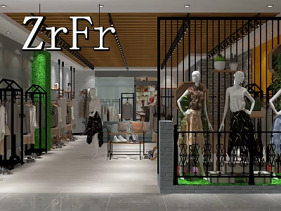 ZrFr Clothing Store Interior With Mannequins Clothing Racks And Green Plants 3d model