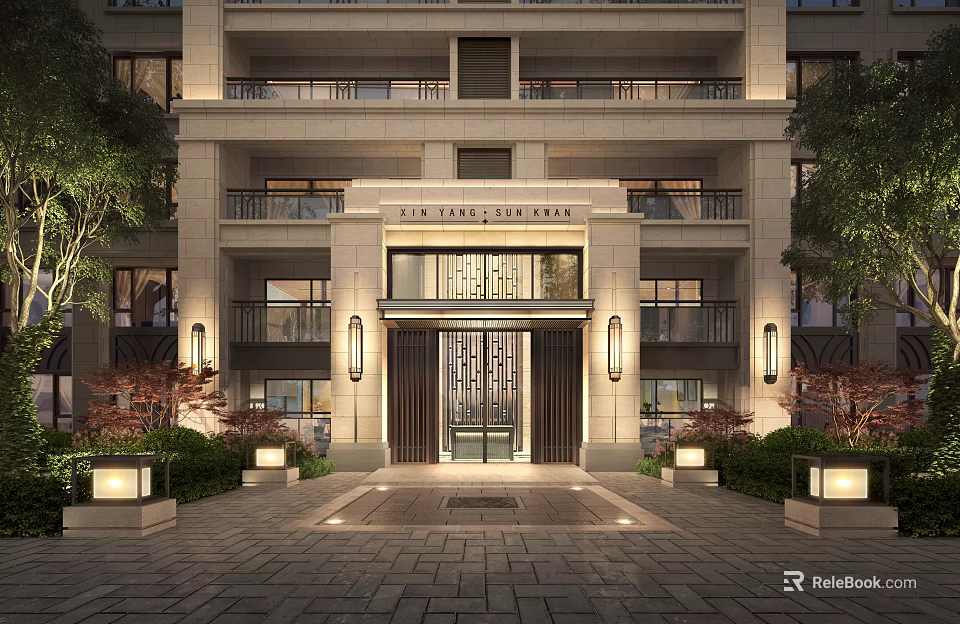 Luxurious Residential Entrance Gate With Stone Facade Lighting Fixtures And Greenery 3d model 