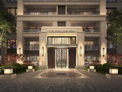 Luxurious Residential Entrance Gate With Stone Facade Lighting Fixtures And Greenery 3d model