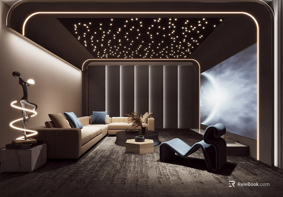 Modern Home Theater With Starry Ceiling Comfortable Sofas And Large Screen 3d model