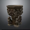 Decorative Stone Planter with Carved Lion Statues and Ornate Patterns for Growing Plants