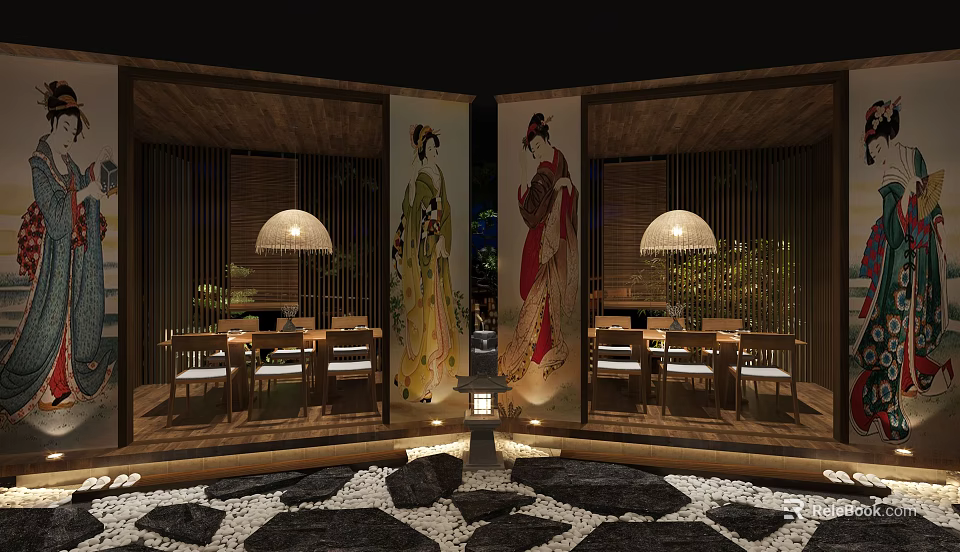 Traditional Japanese Restaurant Interior With Geisha Screens Wooden Structure Lantern Lights And Tables Chairs 3d model 