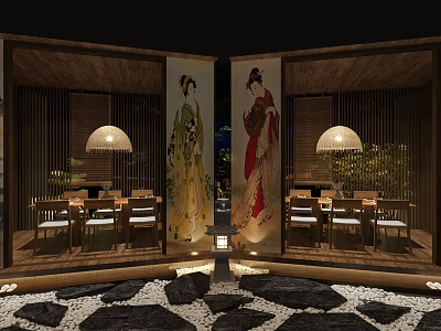 Traditional Japanese Restaurant Interior With Geisha Screens Wooden Structure Lantern Lights And Tables Chairs 3d model