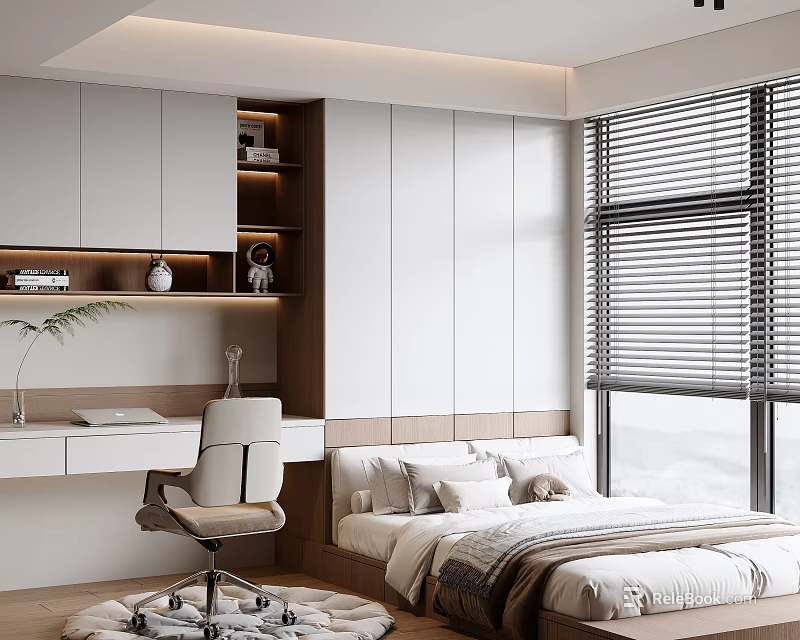 Modern Tatami Bedroom Interior With Platform Bed Desk Chair And Window Blinds 3d model 