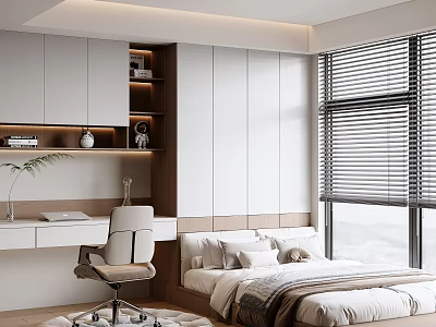 Modern Tatami Bedroom Interior With Platform Bed Desk Chair And Window Blinds 3d model
