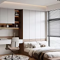 Modern Tatami Bedroom Interior With Platform Bed Desk Chair And Window Blinds