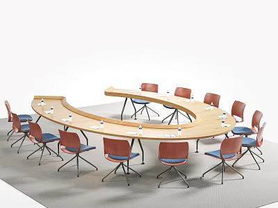 Conference Room Interior With Curved Wooden Table Red And Blue Chairs And Water Bottles 3d model