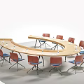 Conference Room Interior With Curved Wooden Table Red And Blue Chairs And Water Bottles