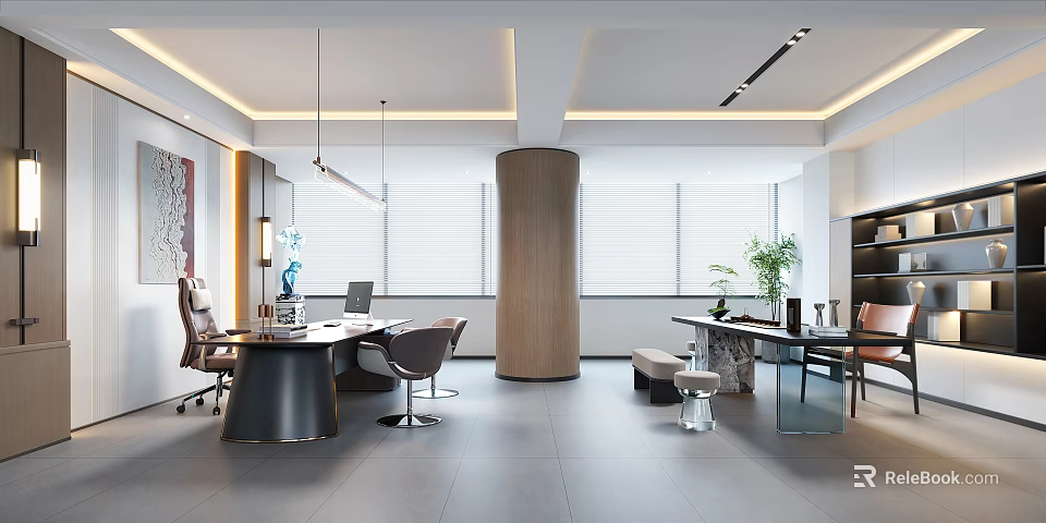 Modern Office Interior Design With Desk Chairs Windows And Decorative Plants 3d model 