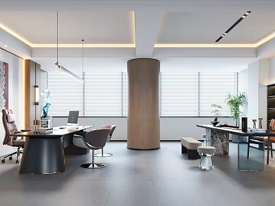 Modern Office Interior Design With Desk Chairs Windows And Decorative Plants 3d model