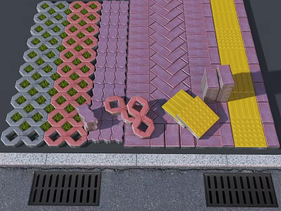 Ground Featuring Gray Pink Yellow Tiles Diamond Hexagon Shapes Yellow Blind Path And Drainage Grates 3d model