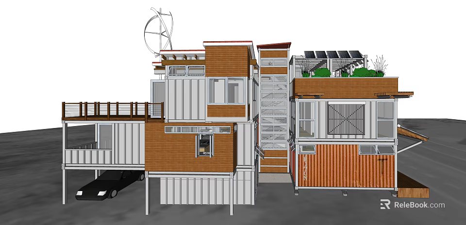 Modern Detached House With Container Structure Solar Panels Green Roof And Terrace 3d model 