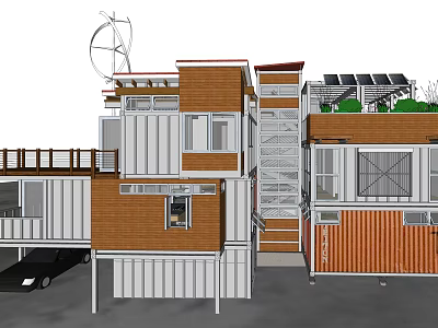 Modern Detached House With Container Structure Solar Panels Green Roof And Terrace 3d model