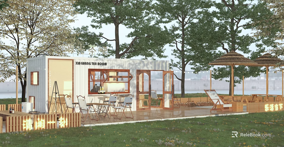 Container Building Coffee Shop With Outdoor Seating Lawn Trees And Pergola 3d model 