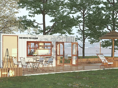 Container Building Coffee Shop With Outdoor Seating Lawn Trees And Pergola 3d model