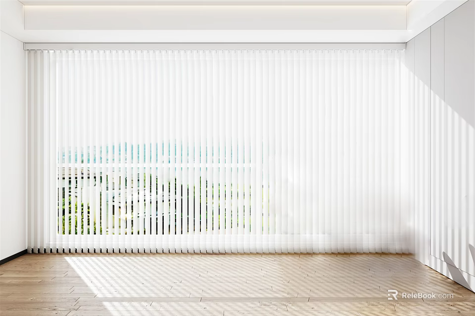 White Venetian Blinds Covering Window With Bright Outdoor View And Wooden Floor 3d model 