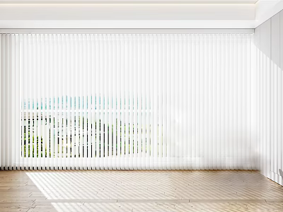 White Venetian Blinds Covering Window With Bright Outdoor View And Wooden Floor 3d model