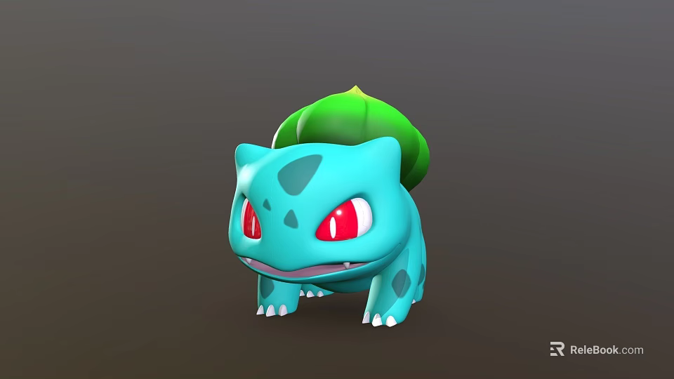 Cute Blue Green Game Movie Character With Red Eyes And Green Leaf On Back 3d model 