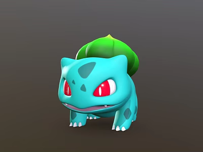 Cute Blue Green Game Movie Character With Red Eyes And Green Leaf On Back 3d model