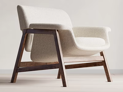 Modern Beige Fabric Leisure Chair With Curved Backrest And Walnut Wooden Legs 3d model