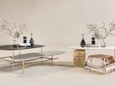 Modern Coffee Tables With Marble Glass Tops And Gold Metal Frames Decorated With Vases Plants 3d model