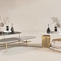 Modern Coffee Tables With Marble Glass Tops And Gold Metal Frames Decorated With Vases Plants