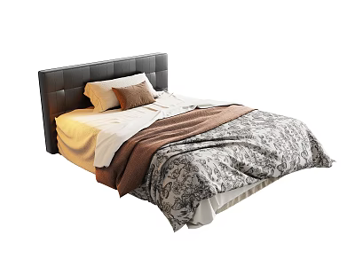 Comfortable Single Bed with Dark Headboard Pillows Patterned Quilt and Brown Blanket 3d model