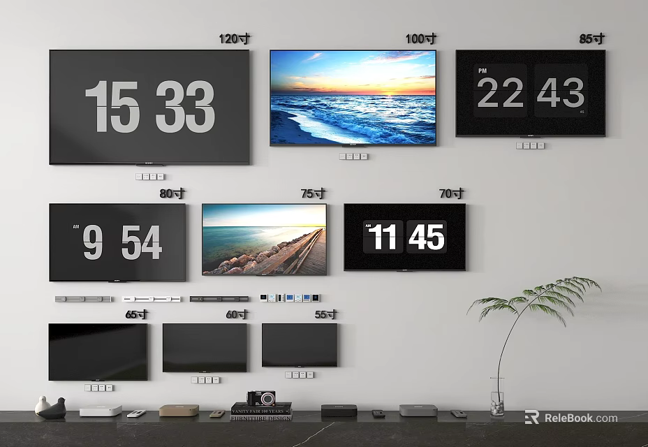 Various Size Televisions With Time Displays And Scenic Wallpapers On Wall 3d model 