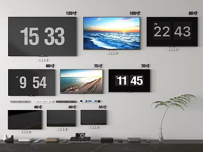 Various Size Televisions With Time Displays And Scenic Wallpapers On Wall 3d model