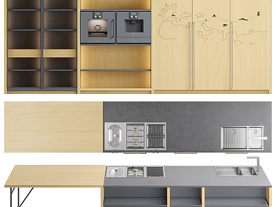 Wooden And Gray Kitchen Cabinets With Open Shelving Countertops And Appliances 3d model