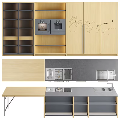 Wooden And Gray Kitchen Cabinets With Open Shelving Countertops And Appliances 3d model
