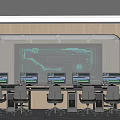Modern Monitoring Room with Large Display Screen Multiple Monitors Control Console and Office Chairs