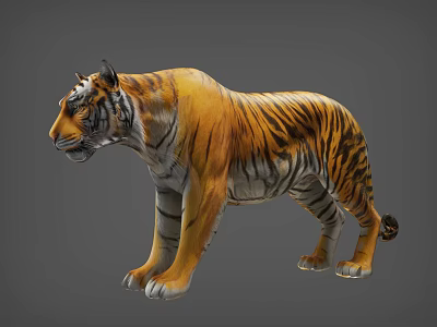 Realistic Tiger With Orange Black Stripes White Underbelly Standing On Gray Background 3d model