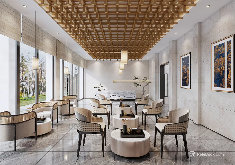 Modern Service Hall Interior With Wooden Lattice Ceiling Chandeliers Large Windows Sofas And Coffee Tables 3d model 